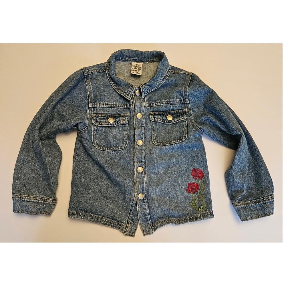 Vintage Baby Guess Denim Jacket Kids Blue Floral Embroidered Made in USA Cotton